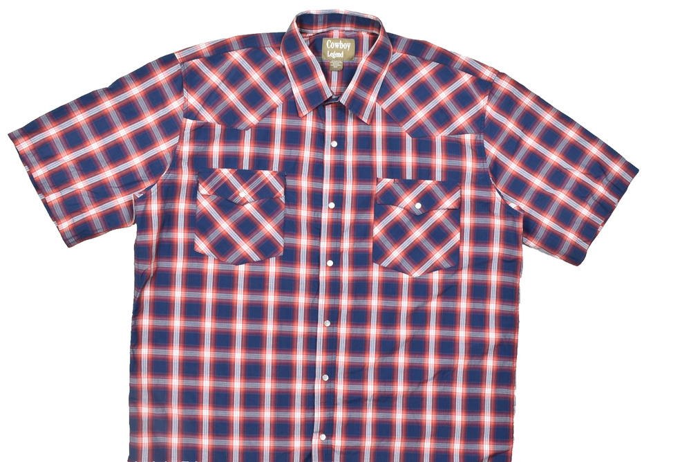 Cowboy Legend 3XLT Men's Shirt Short Sleeve Plaid Western Pearl Snap Blue Red
